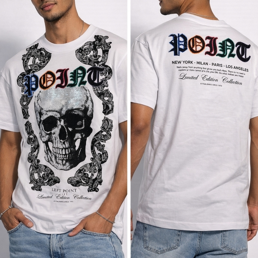 NWT Left Point Men's Skull Graphic Tee White Rhinestone Point Logo Size Small